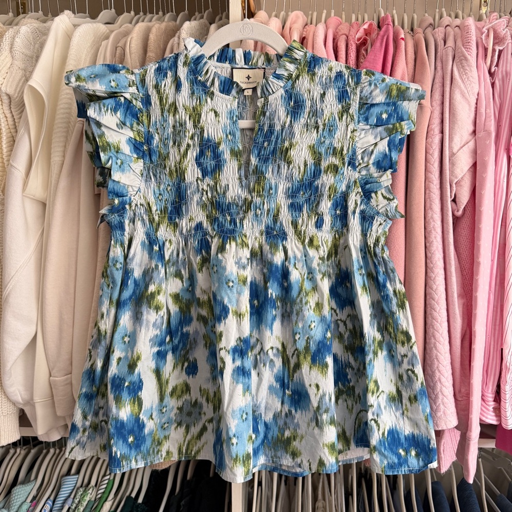 Tuckernuck Blue, Green and White Floral Smocked Cap-Sleeve Blouse